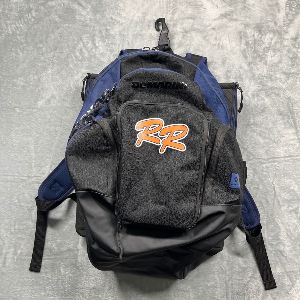 DeMarini Voodoo Baseball Softball Backpack Black Navy RR Logo Fence Hook